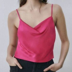 Zara Hot Pink Crop Camisole Top Satin Effect